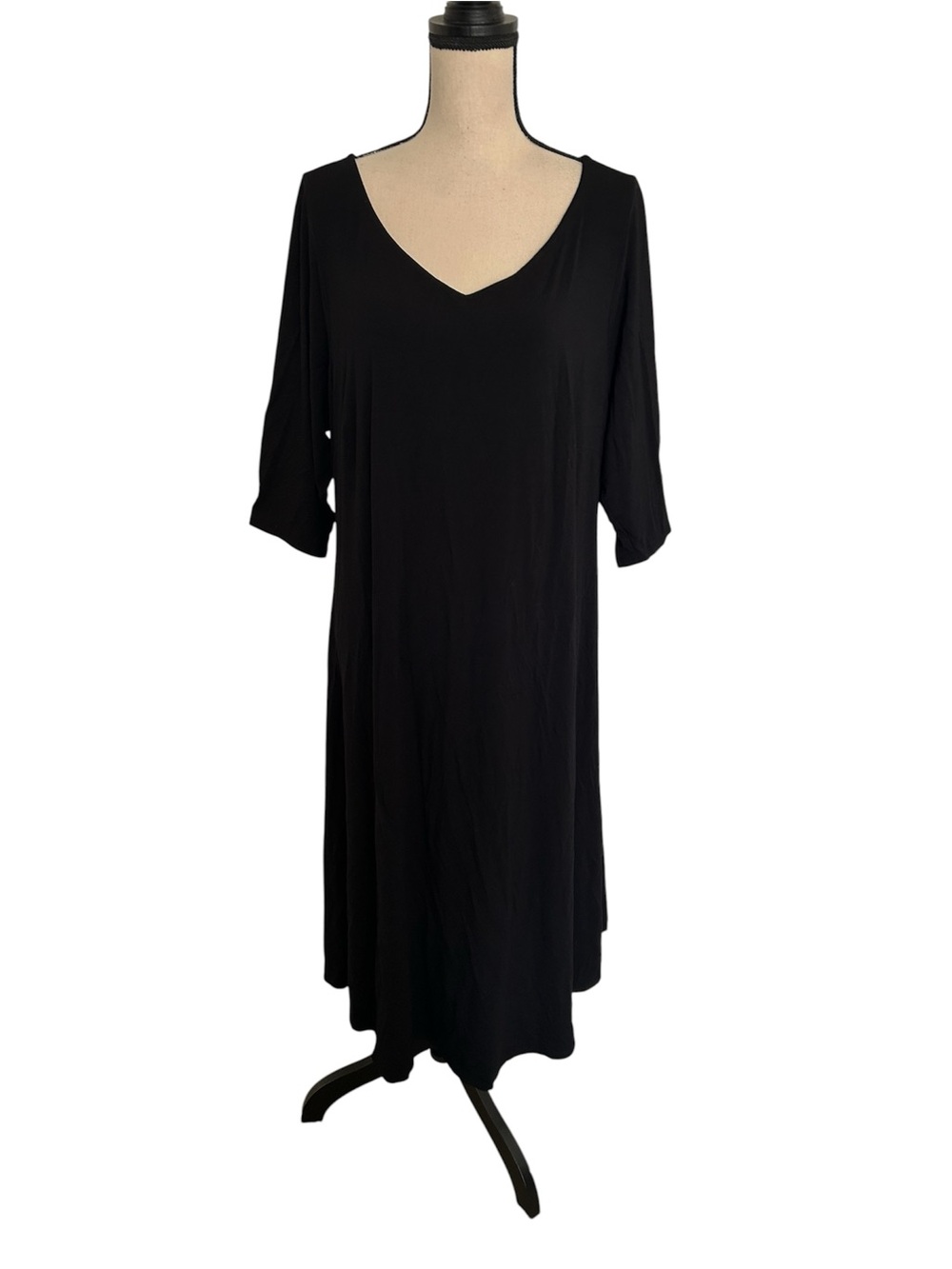 Eileen Fisher V Neck Quarter Sleeves A Line Swing Viscose Midi Dress